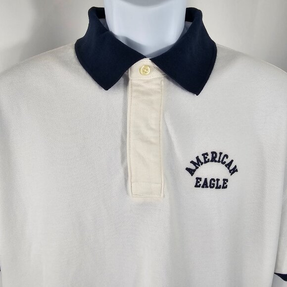 American Eagle Men's White & Navy Super Soft Short Sleeve Polo Shirt Size L - Picture 3 of 12